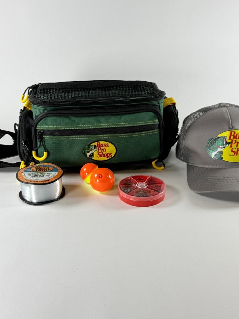 Bass Pro Shops Fishing Tackle Bag w/Gray Hat Bobbers Weights Monofilament Line